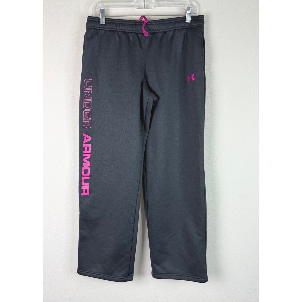 Under Armour Sweatpants Girls YXL Storm Loose Gray Pink Logo Fleece Joggers